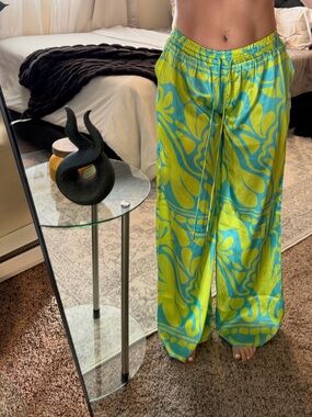 Vibrant Green and Blue Patterned Beach Pants